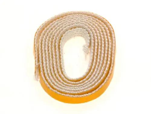 Runder Dichtungsring in goldfarbener und weißer Farbgebung, aufgerollt und liegend, dargestellt auf einem hellen Hintergrund. Bosch-Produkt, geeignet für unterschiedliche Anwendungen.